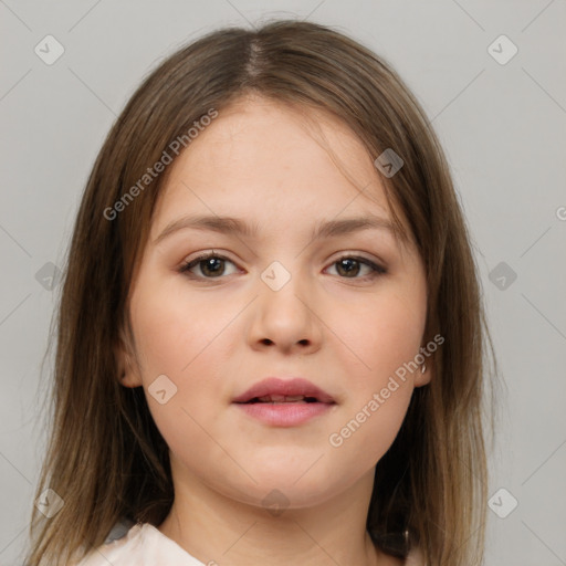 Neutral white young-adult female with medium  brown hair and brown eyes