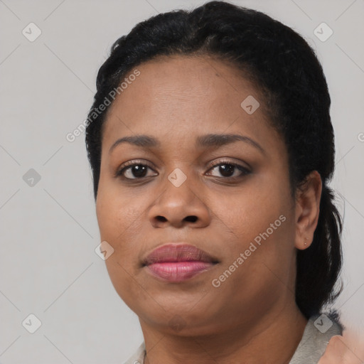 Neutral black young-adult female with short  brown hair and brown eyes