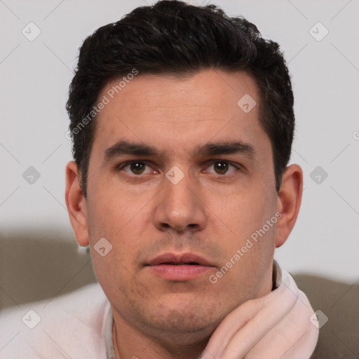 Neutral white young-adult male with short  brown hair and brown eyes