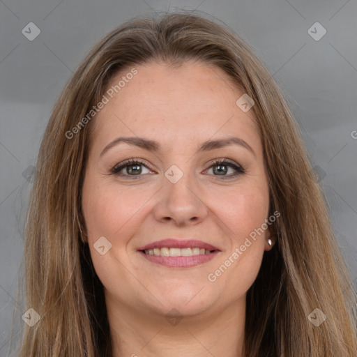 Joyful white young-adult female with long  brown hair and grey eyes