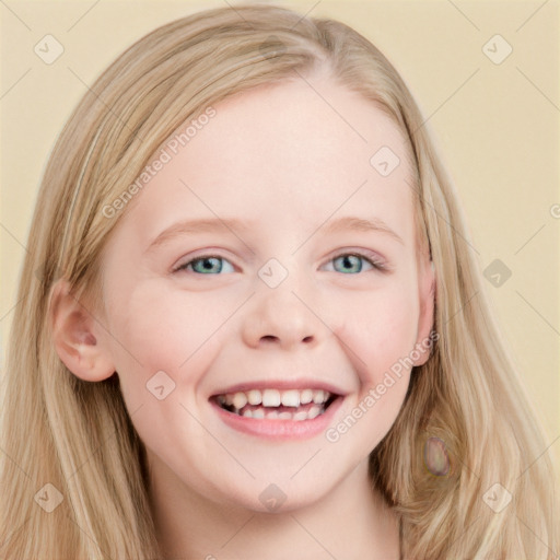 Joyful white child female with long  brown hair and blue eyes