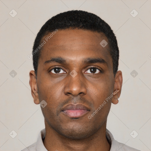 Neutral black young-adult male with short  black hair and brown eyes