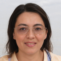 Joyful white adult female with medium  brown hair and brown eyes