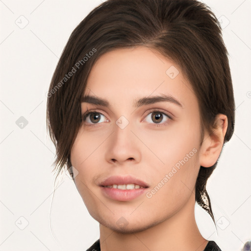 Neutral white young-adult female with medium  brown hair and brown eyes