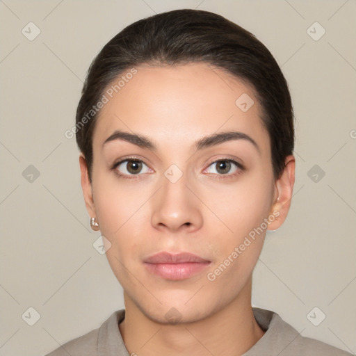 Neutral white young-adult female with short  brown hair and brown eyes