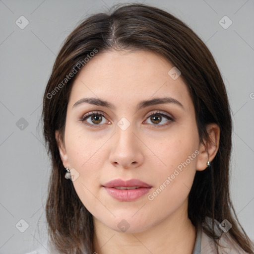 Neutral white young-adult female with medium  brown hair and brown eyes