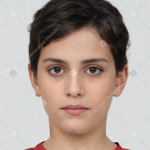 Neutral white young-adult female with short  brown hair and brown eyes