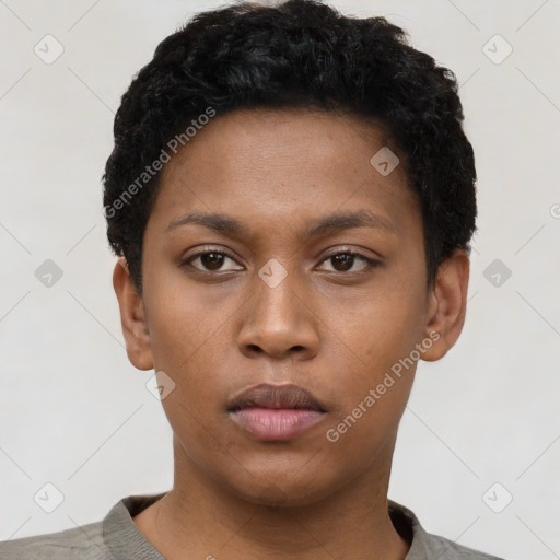 Neutral black young-adult female with short  black hair and brown eyes