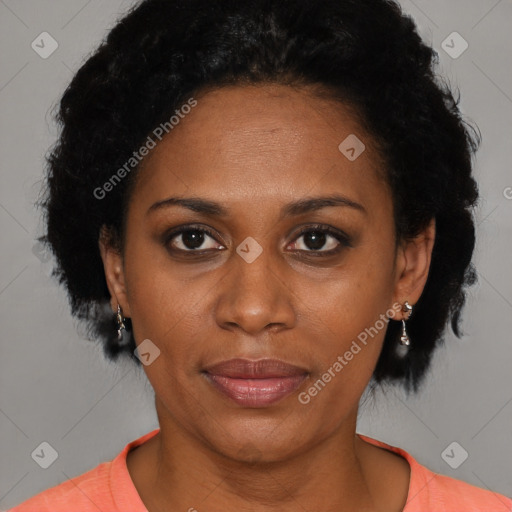 Joyful black adult female with short  black hair and brown eyes