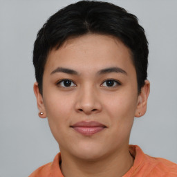 Joyful asian young-adult female with short  black hair and brown eyes