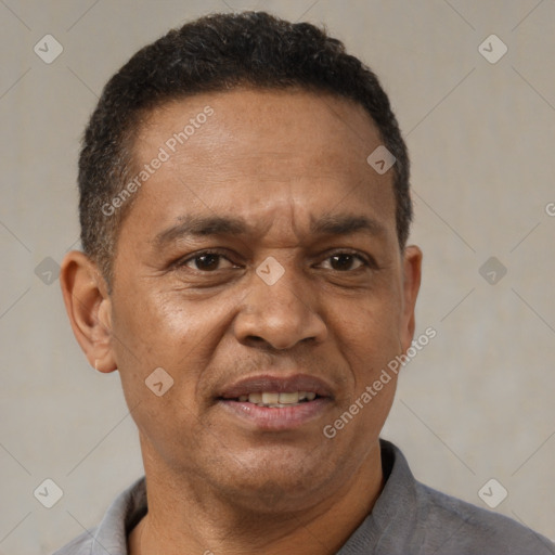 Joyful latino adult male with short  brown hair and brown eyes