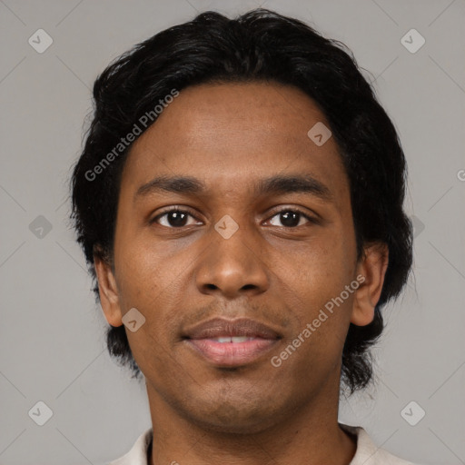 Neutral black young-adult male with short  black hair and brown eyes