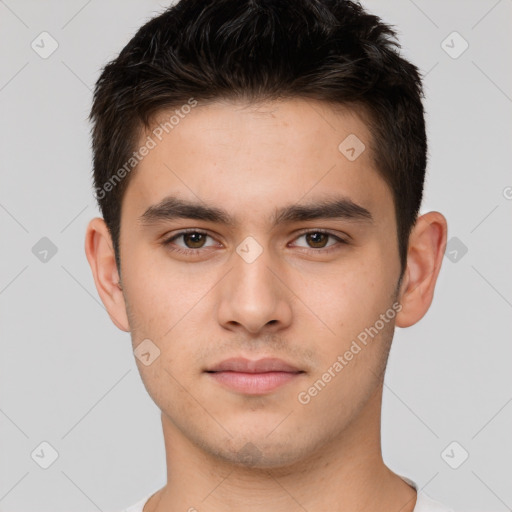 Neutral white young-adult male with short  brown hair and brown eyes