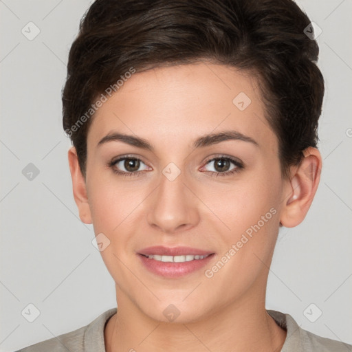 Joyful white young-adult female with short  brown hair and brown eyes