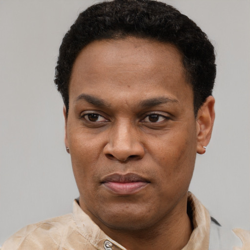 Joyful latino adult male with short  black hair and brown eyes