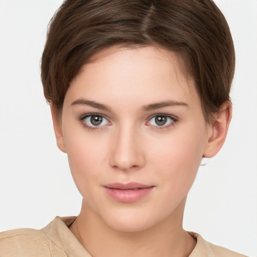 Neutral white young-adult female with short  brown hair and brown eyes