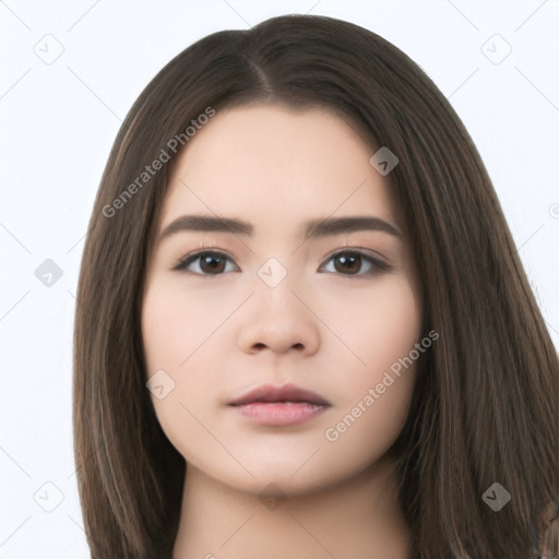 Neutral white young-adult female with long  brown hair and brown eyes