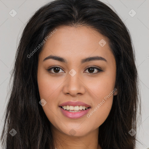 Joyful asian young-adult female with long  brown hair and brown eyes