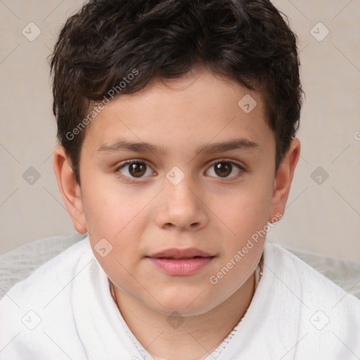 Joyful white child male with short  brown hair and brown eyes