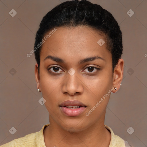 Neutral latino young-adult female with short  black hair and brown eyes