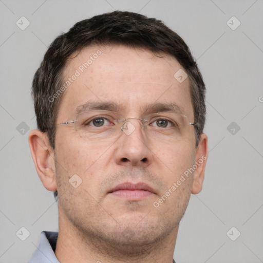 Neutral white adult male with short  brown hair and brown eyes