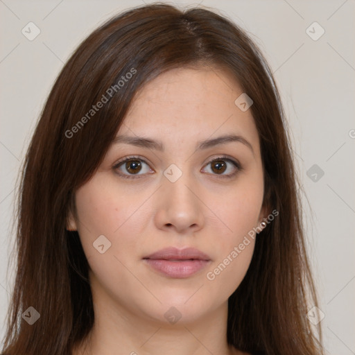 Neutral white young-adult female with long  brown hair and brown eyes