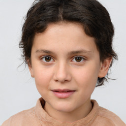 Joyful white child female with medium  brown hair and brown eyes