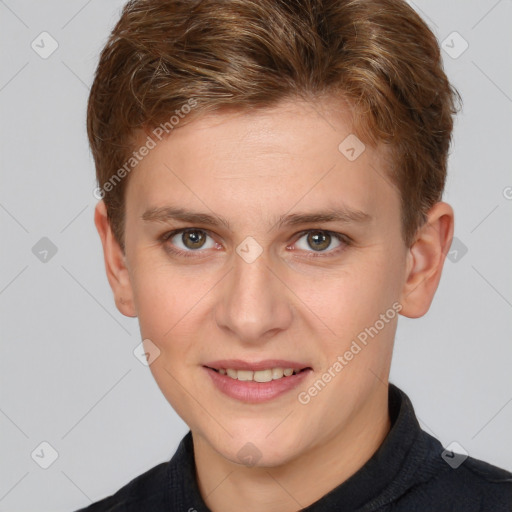 Joyful white young-adult female with short  brown hair and grey eyes