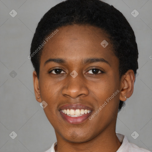 Joyful black young-adult female with short  brown hair and brown eyes