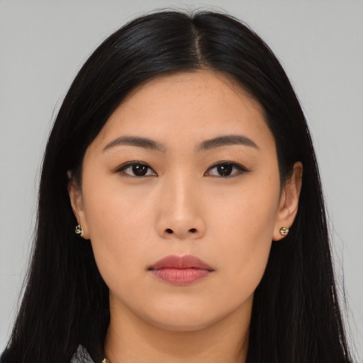 Neutral asian young-adult female with long  black hair and brown eyes