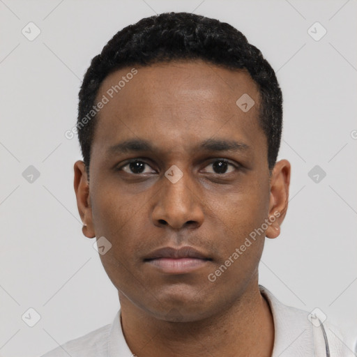 Neutral latino young-adult male with short  black hair and brown eyes