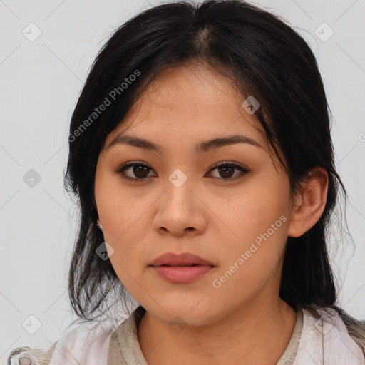 Neutral asian young-adult female with medium  black hair and brown eyes