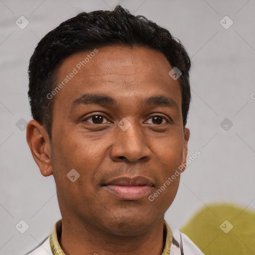 Neutral latino young-adult male with short  brown hair and brown eyes
