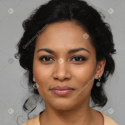 Joyful latino young-adult female with long  black hair and brown eyes