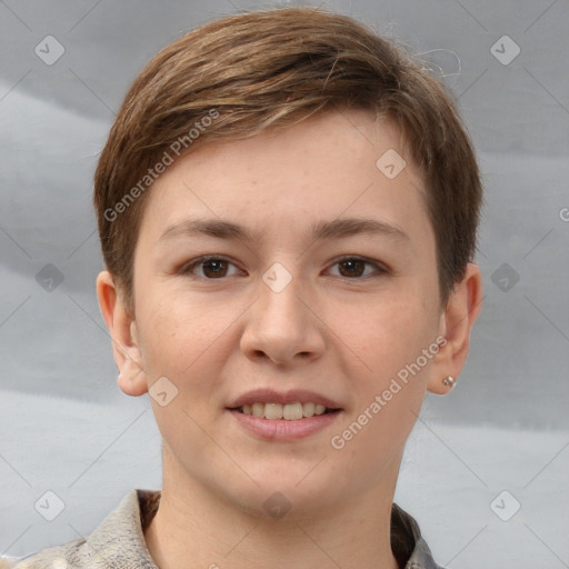 Joyful white young-adult female with short  brown hair and grey eyes