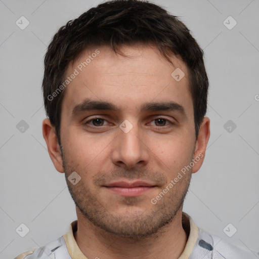 Neutral white young-adult male with short  brown hair and brown eyes