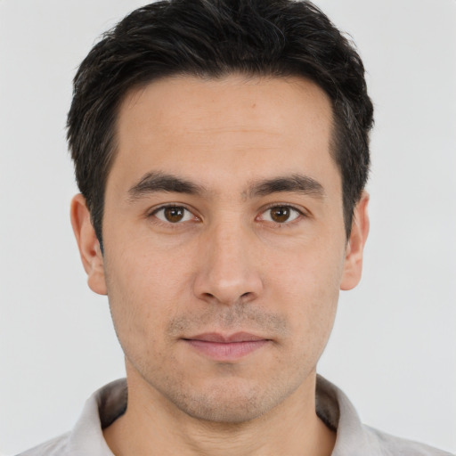 Neutral white young-adult male with short  brown hair and brown eyes