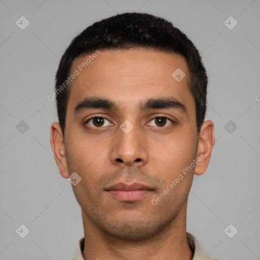 Neutral white young-adult male with short  black hair and brown eyes