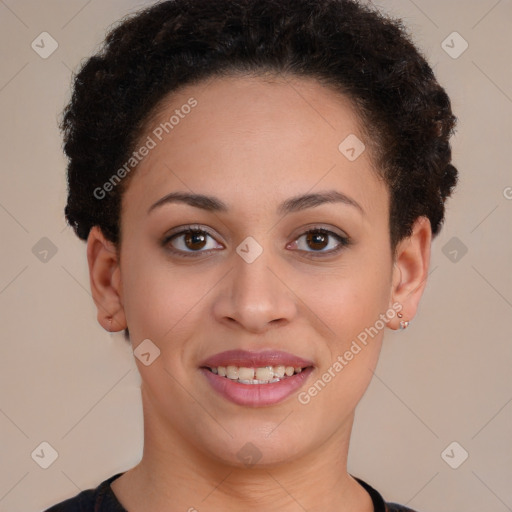 Joyful black young-adult female with short  brown hair and brown eyes