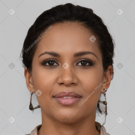 Joyful latino young-adult female with short  brown hair and brown eyes