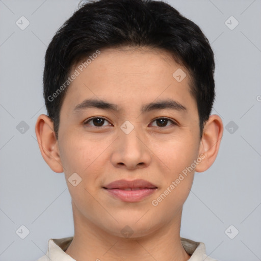 Joyful asian young-adult male with short  brown hair and brown eyes