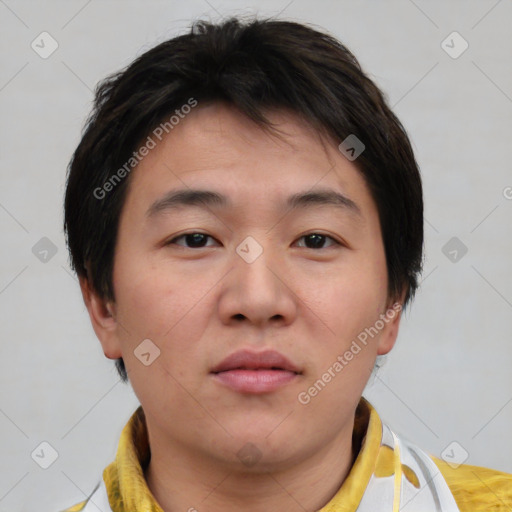 Neutral asian young-adult male with short  brown hair and brown eyes