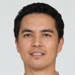 Neutral asian young-adult male with short  black hair and brown eyes