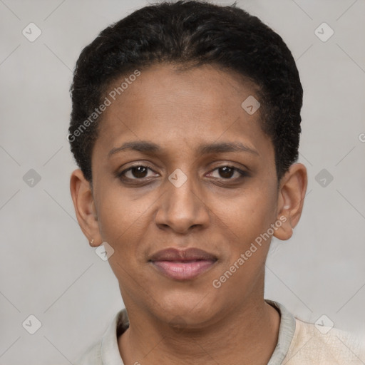 Joyful black young-adult female with short  brown hair and brown eyes