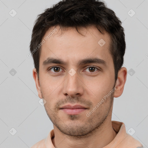 Neutral white young-adult male with short  brown hair and brown eyes