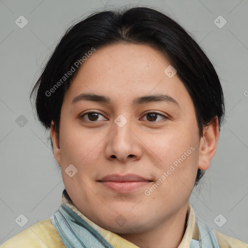 Joyful asian young-adult female with short  brown hair and brown eyes