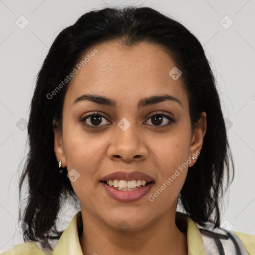 Joyful latino young-adult female with medium  black hair and brown eyes