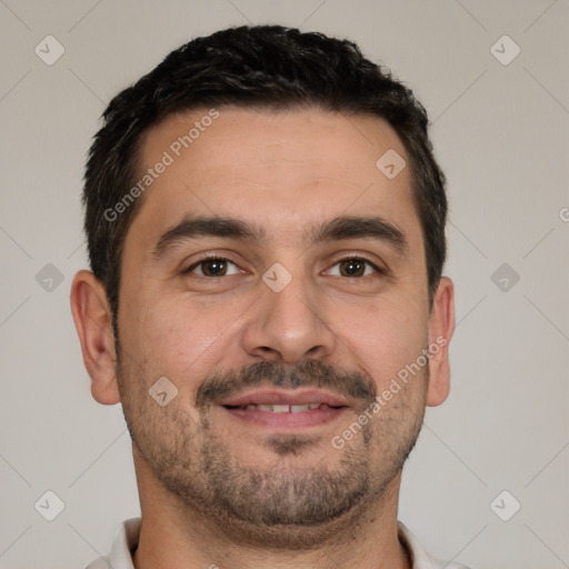 Joyful white young-adult male with short  brown hair and brown eyes