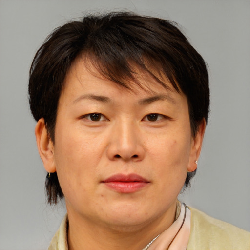 Neutral asian adult female with medium  brown hair and brown eyes