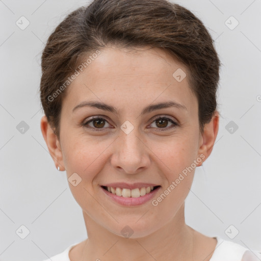 Joyful white young-adult female with short  brown hair and brown eyes